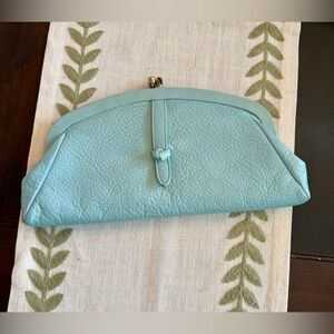 Vintage Saber Blue Leather Clutch Kiss Lock Frame Purse Mod Retro 60s 70s